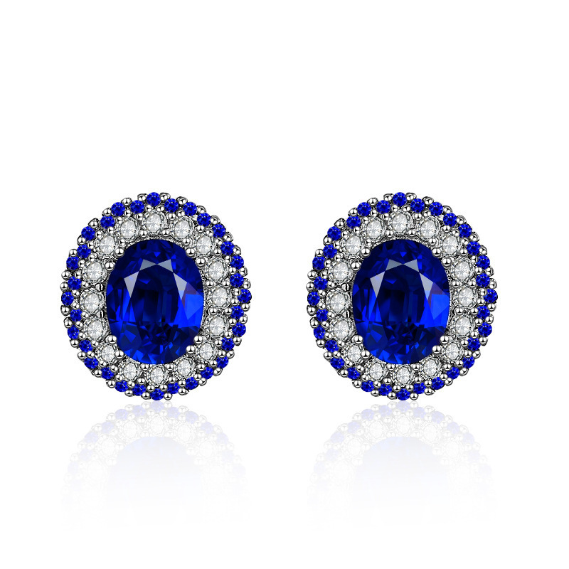 Księżniczka Diana Lab Sapphire Stud Colring 925 Srebrna biżuteria