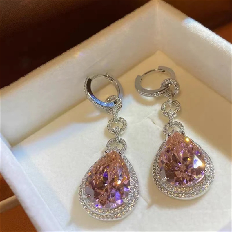 Luxe Water Drop Pink Diamond Dangle Earring 925 sterling zilveren Party Wedding Drop Oorbellen voor Vrouwen Bridal Promise Sieraden