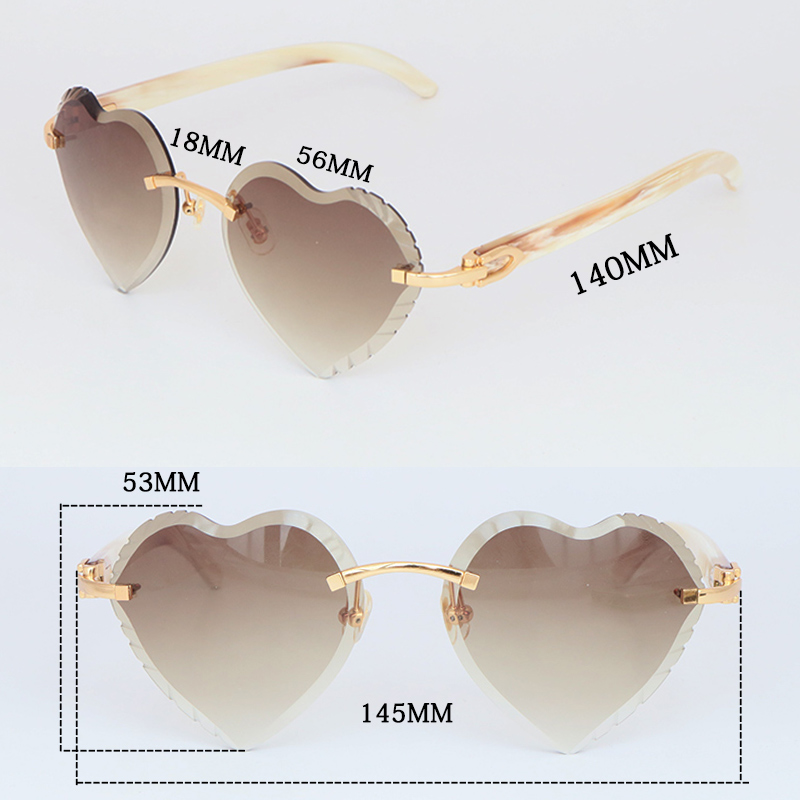 Wholesale Floating frame Rimless Sunglasses for Woman Original White Genuine Horn Sun glasses Luxury Peach Heart Model male and female diamond Cut Sunglasses Hot