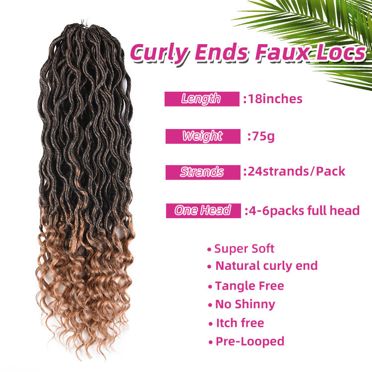 Goddess Faux Locs Curly Crochet Braid Synthetic Hair 18'' 20roots Ombre Braiding Hair Brown Hochtemperaturfaser