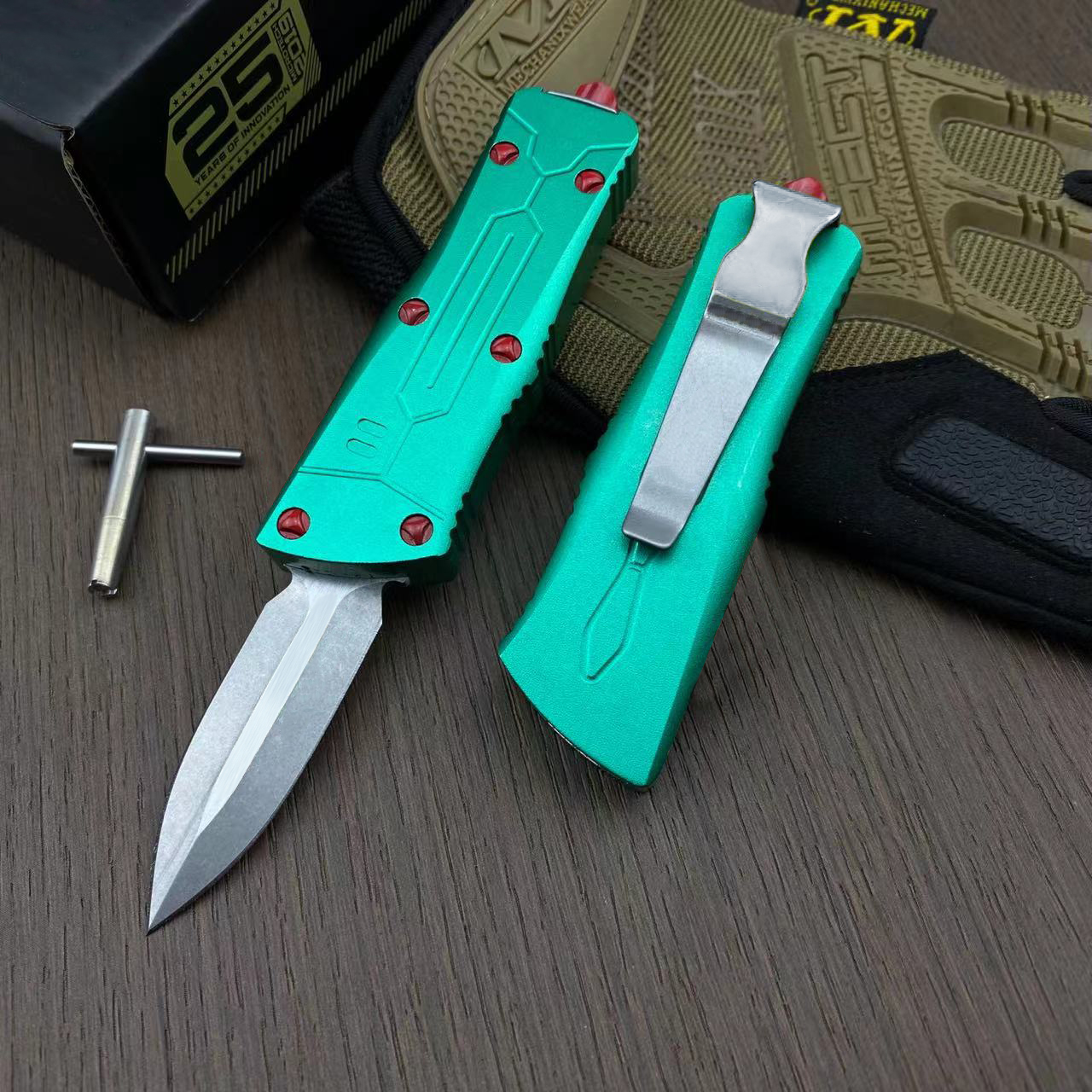 Specialerbjudande avancerad Green Mt UT Auto Tactical Knife D2 Stone Wash Blade CNC 6061-T6 Handtag EDC Gift Knives med nylonpåse