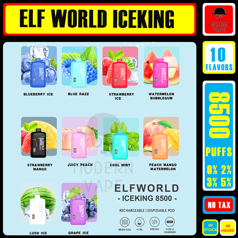 Original ELFWORLD ICEKING 8500 Puff 0/2/3/5% Disposable Rechargeable Crystal Charge Display E-cigarettes Devices Vape Pen With 550mAh Battery 17ml10 flavors in stock