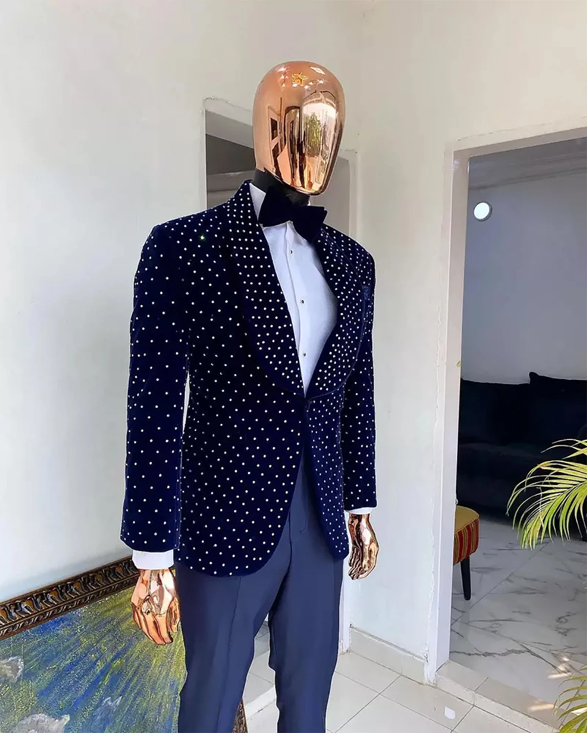 Smoking da uomo in velluto blu scuro, giacca in 2 pezzi, pantaloni, set da sposa, sposo, perline di cristallo, risvolto con visiera, blazer da lavoro