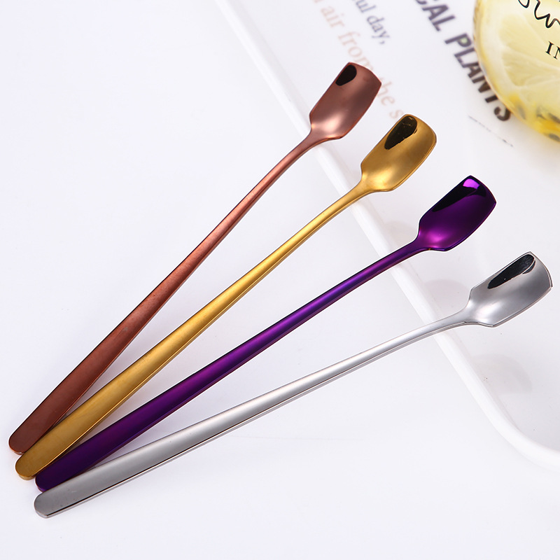 Stainless Steel Spoons Square Head Ice Spoon Long Handle Stirring Coffee Scoops Home Kitchen Bar Tableware 17CM