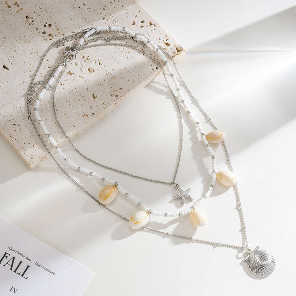 Collar de múltiples capas de perlas de viento frío, colgante de concha, cadena larga personalizada a la moda
