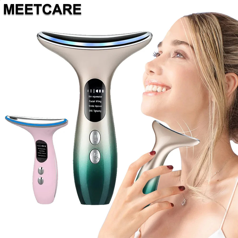 Dispositivos de cuidados faciais EMS LED Light Neck Massagem 3 Cores V Compressa Vibração Pele Elevador Aperte Suave Reparação Firme Rejuvenescimento 231115