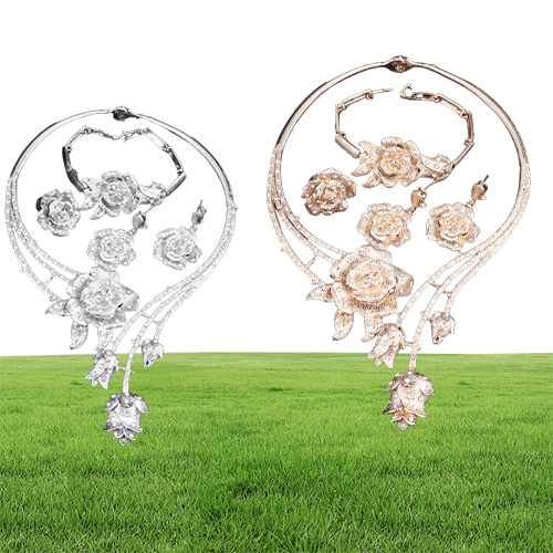 New Women Dubai Gold Color Statement Flower Crystal Wedding Accessories Necklace Earring Ring Bangle Jewelry Set3969196