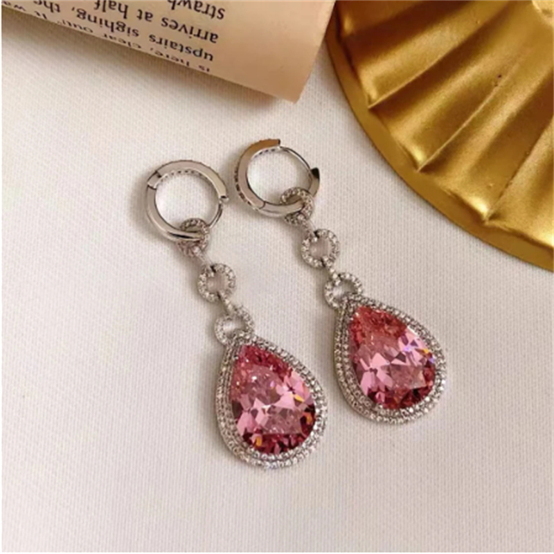 Luxe Water Drop Pink Diamond Dangle Earring 925 sterling zilveren Party Wedding Drop Oorbellen voor Vrouwen Bridal Promise Sieraden