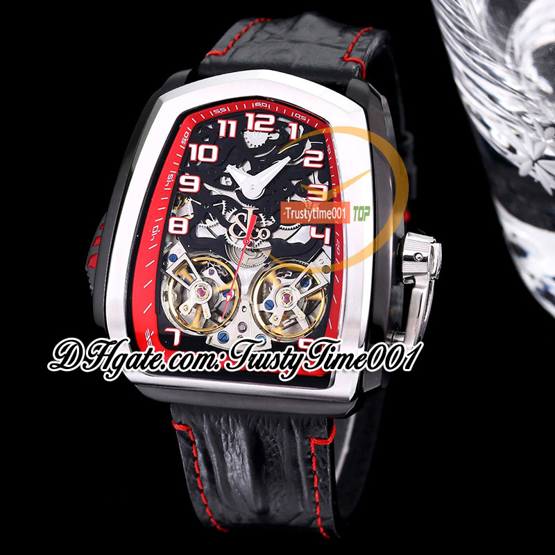 BZF Twin Turbo Mens Watch JCFM05 Twin Tourbillon Automatisk DLC Black Steel Case Skeleton Dial Number Markers Black Leather Band Super Edition TrustyTime001Watches