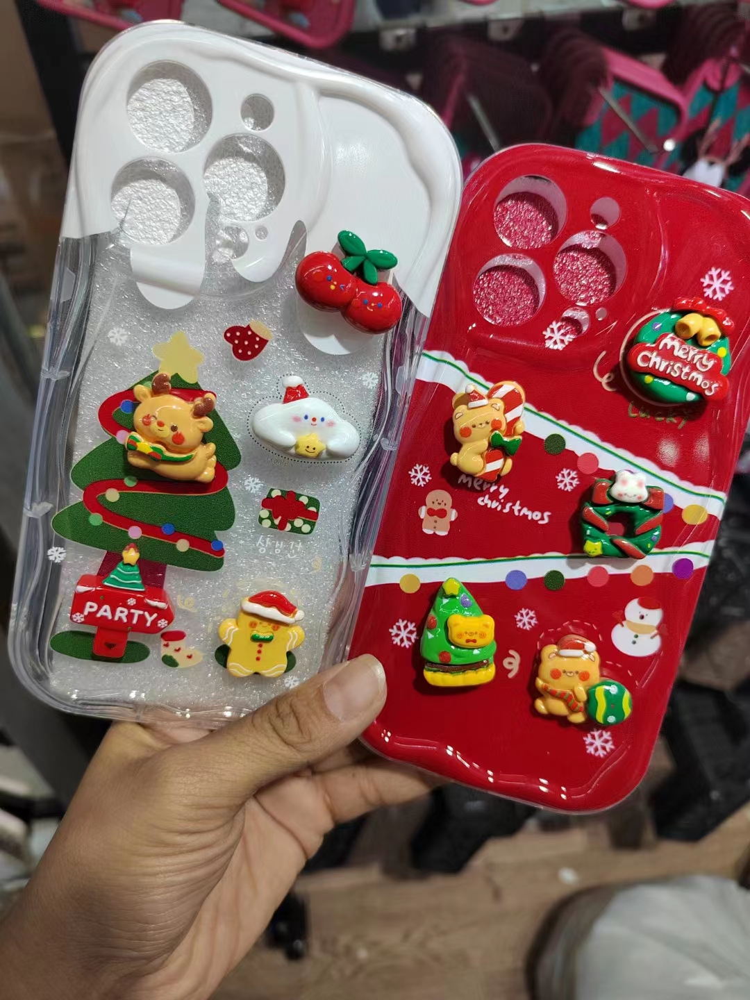 Luxushüllen Koreanischer süßer 3D-Cartoon-Weihnachtsbär-Baum-Wellenrand-Fall für iPhone 15 14 13 12 Pro Max 11 15plus Schöner Elch stoßfester Softcover