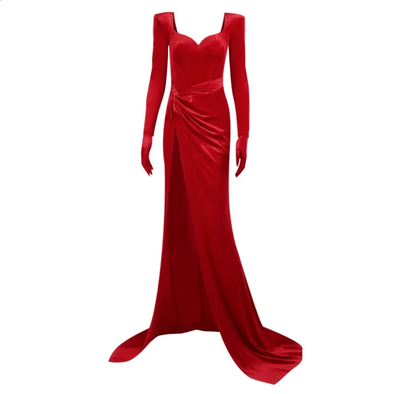 Robes décontractées de base Sexy col en V à manches longues haute fente Maxi robe boîte de nuit bal de mariage fête de mariage femmes soirée élégante velours rouge 231116