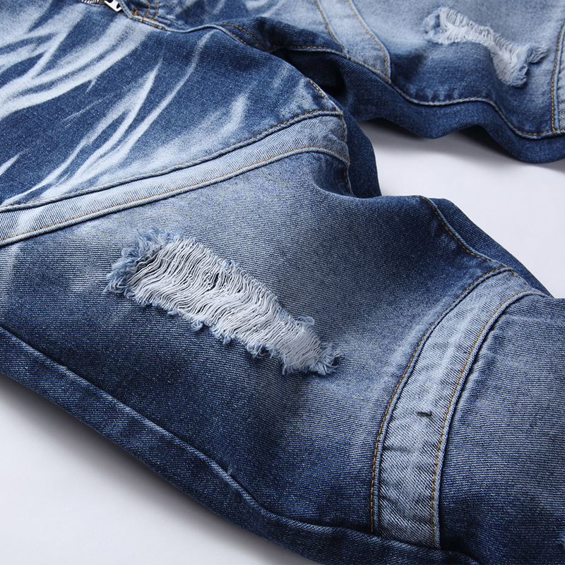 Blue Ripped Jeans Men Summer Casual Hole Troushers for Machine Moda Slim Fit Bordery Patchwork calças de jeans Pantalones para hombre Vaqueros