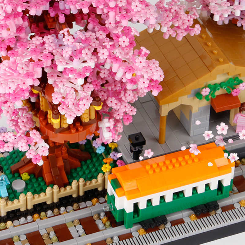 Blocks Cherry Blossom House Tree Railway Station Building Block Cheers Flowers City Street View Assembled Building Block Series Toys