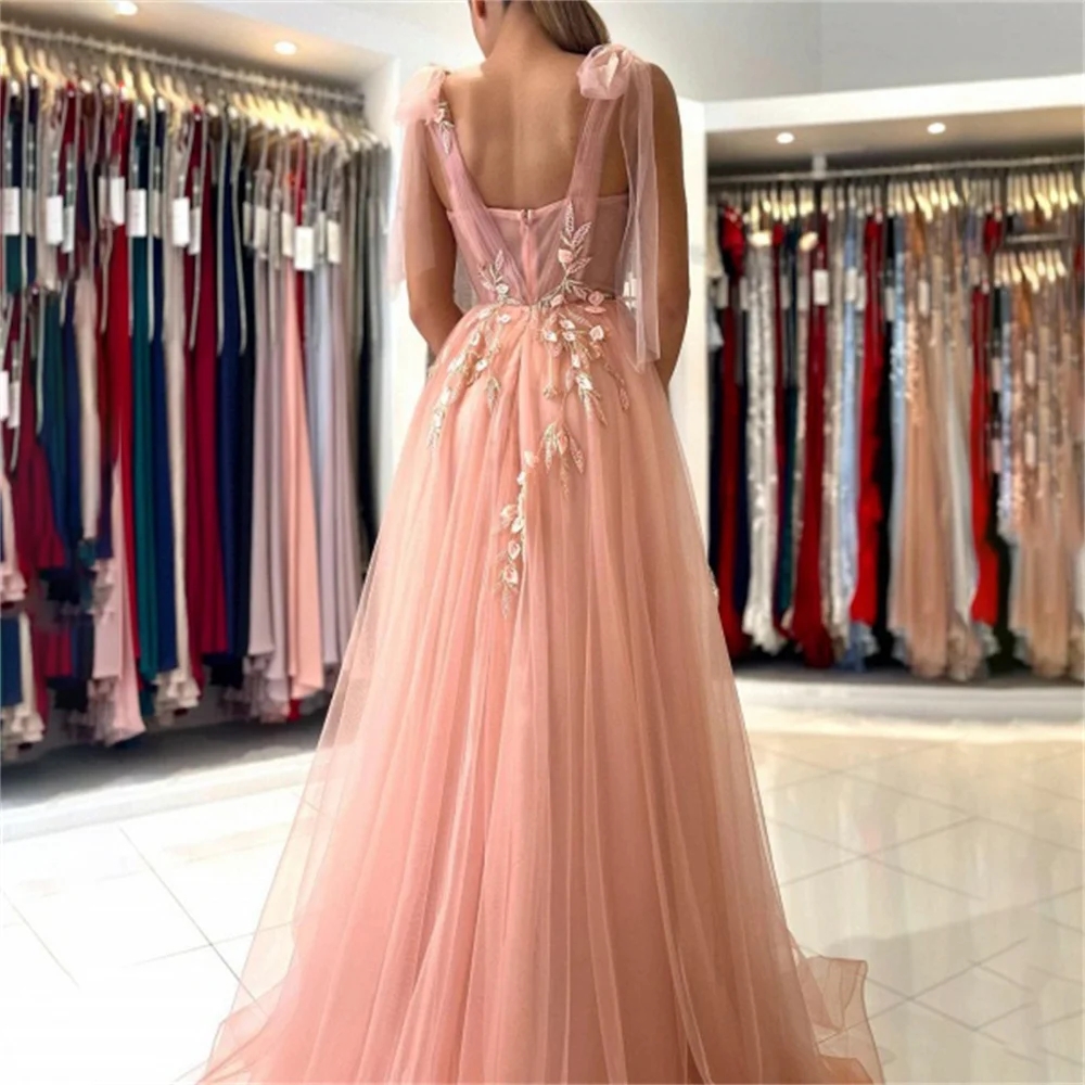 Spaghetti Strap Evening Gown Coral Pink Prom Dress Appliques Lace Evening Dress with High Split