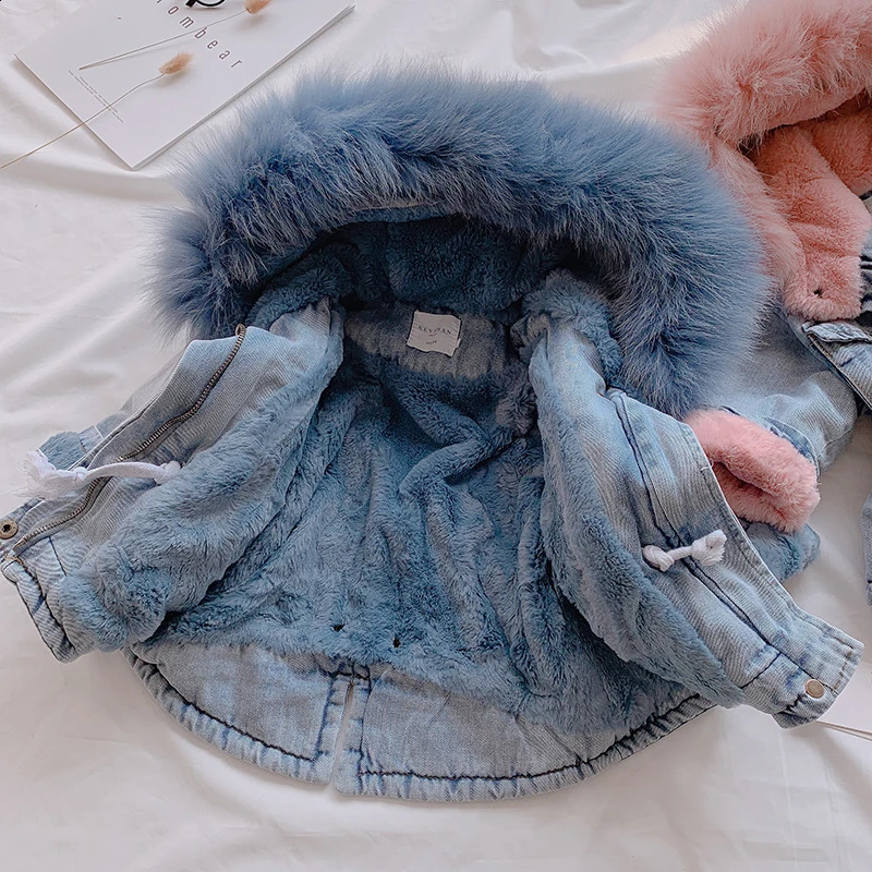 Coat Oleyid 2023 Kış Bebek Denim Ceket Velvet True Fur Sıcak Toddler Kız Ceketi 1-5 Yaşındaki Kız Kız Bebek 231117