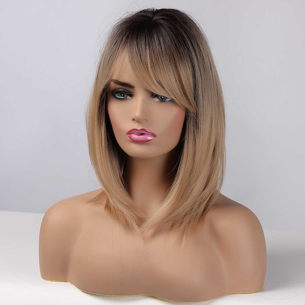 Perucas sintéticas Easihair Brown Blonde ombre perucas para mulheres cabelos sintéticos em camadas em camadas com franja lateral peruca resistente ao calor 2302227