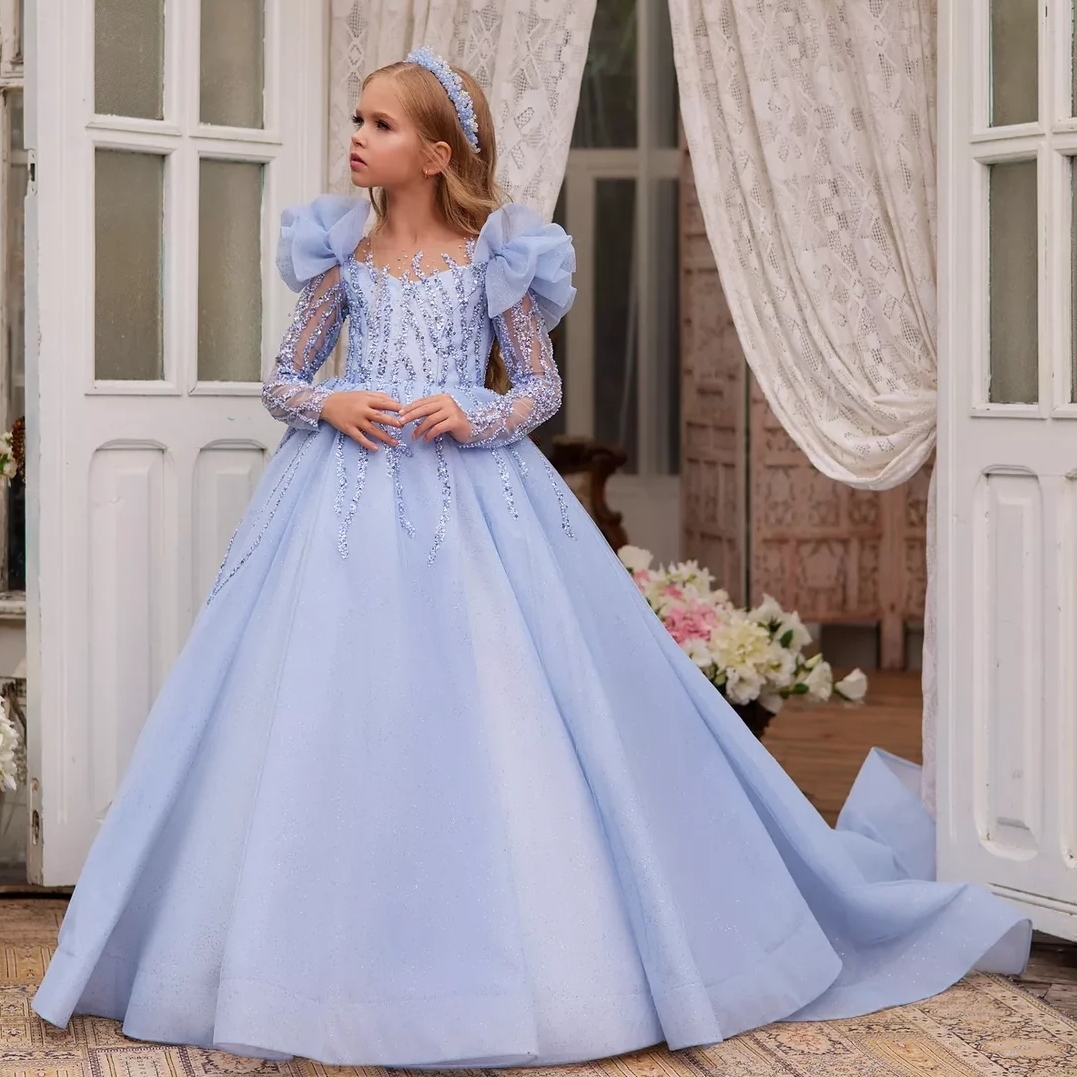 Hi Lo Robe De Fille De Fleur 2024 Manches Longues Robe De Bal À Paillettes Illusion Enfant En Bas Âge Petit Enfant Robe De Concours Cocktail Fête Anniversaire Vacances 1ère Communion Bleu Blush