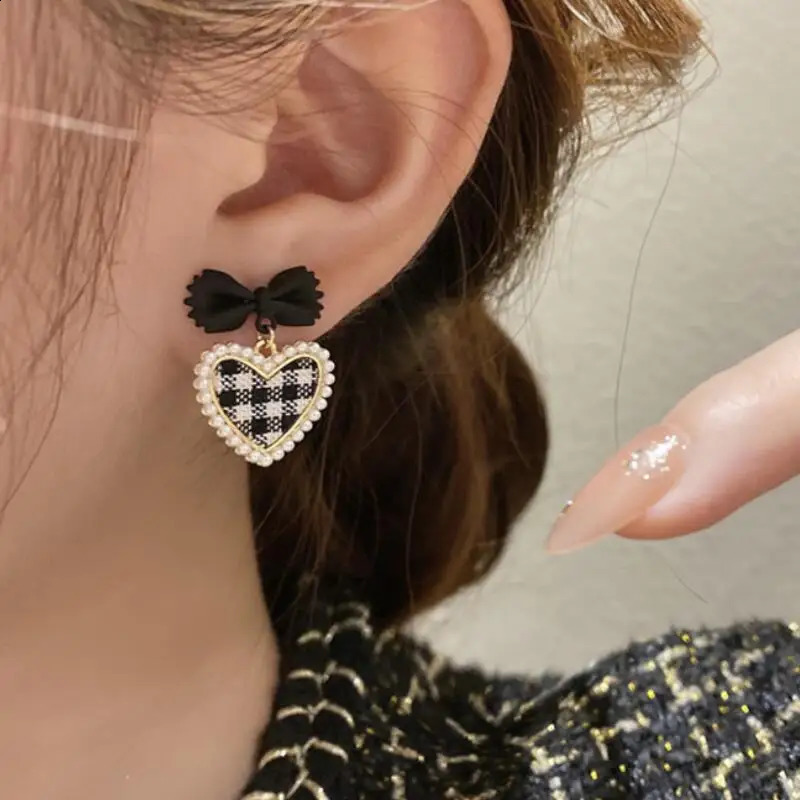 Stud Cute Korean Hanging Love Grid Pearl Heart Earrings For Women Girls Trendy Party Jewelry Fashion Bowknot Gifts 231116