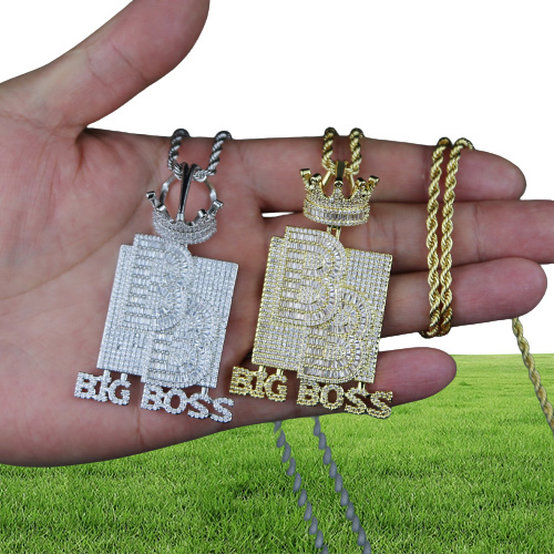 Big Boss Letter Crown Pendant Collier initial avec chaîne de corde Iced Out Bling 5a Cumbic Zircon Hip Hop Men Boy Jewelry Whole7609084