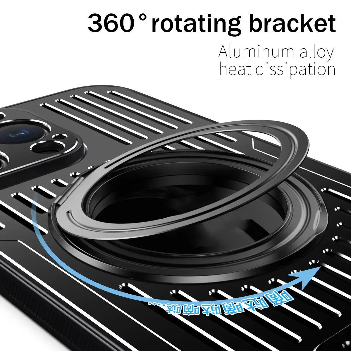 Luxuriöse kühlende hohle Metallmagnet-360°-Rotationsständer-Telefonhülle für iPhone 15 14 13 12 Pro Max plus Wärmeableitung für kabelloses Laden. Rückseitige Abdeckung