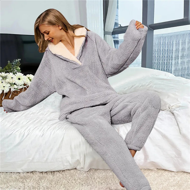 Vêtements de nuit pour femmes Hiver Femmes Froid Garder Au Chaud Pyjamas Col En V Corail Polaire Ensemble Dames Thermique Flanelle Maison Vêtements Pyjama 231116