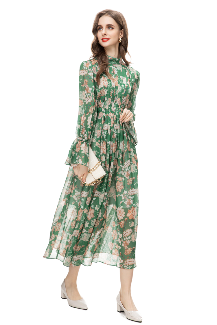 Women's Runway Dresses Stand Collar Long Sleeves Floral Printed High Street Fashion Mid Vestidos