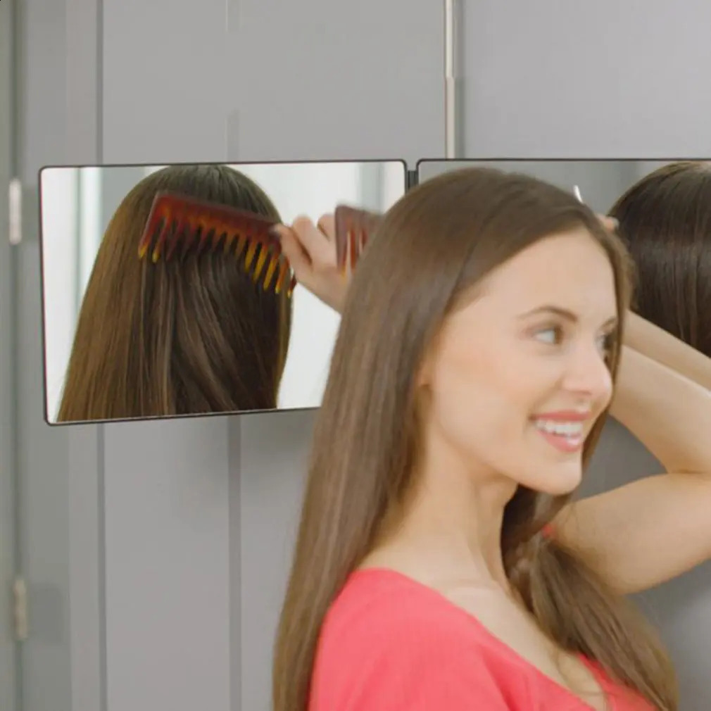 Espelhos compactos retráteis pendurados três lados espelho de maquiagem dobrável livremente ajustável em altura barbear cabeleireiro espelho cosmético 231116