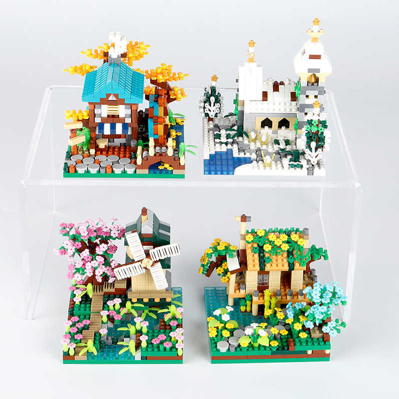 Blokkeert vier seizoen Micro Bricks Street View Sakura Windmill Building Blocks Fisherman's Cottage Tree Assemble Bricks Toys For Kids Boy