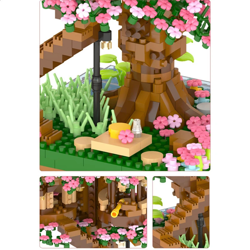 Andra leksaker 2138 st DIY Discoloration Cherry Blossom Flower Pink Tree House Train Assembly Building Blocks Classic Model Bricks Set Kid 231116