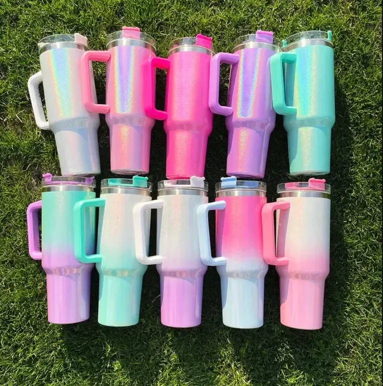 Whol Sublimation Glitter 40oz 핸들 자동차 텀블러 1200ml 스테인레스 스틸 물병 화려한 마시는 컵 더블 벽 INSU181B