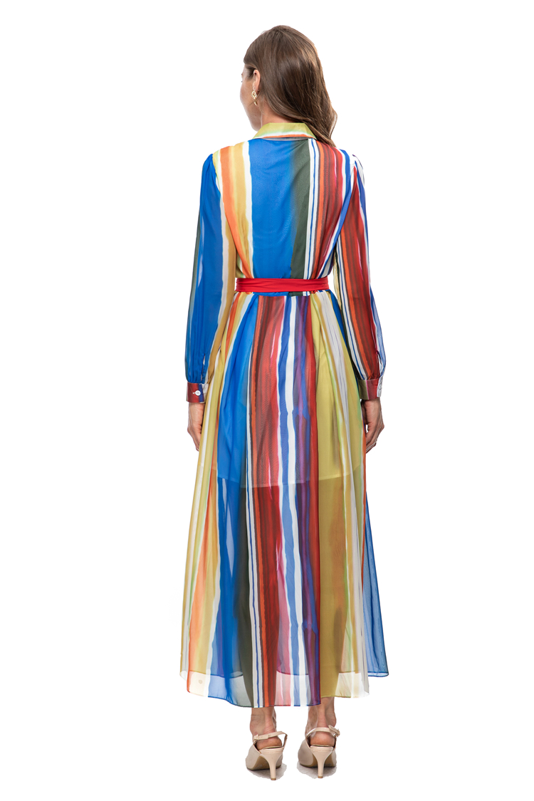 Vestidos femininos de passarela, gola aberta, mangas compridas, estampa colorida, cinto com cadarço, vestidos de estilistas de rua