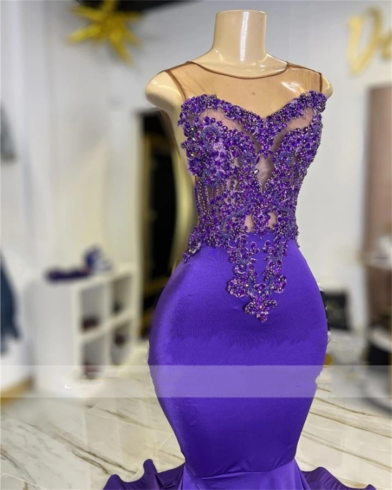 Purple Sheer O Neck Long Prom Dress For Black Girls 2024 Beaded Birthday Party Dresses Mermaid Evening Gowns Appliques Robe De