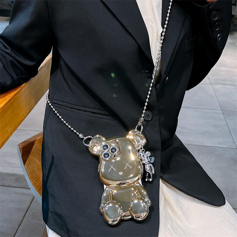 iPhone 14のケース14 Pro Max Luxury Electroplated 3D Bear Crossbody Shourdled Chain Strap Caber for iPhone 13Pro Max 12 11 14 Plus
