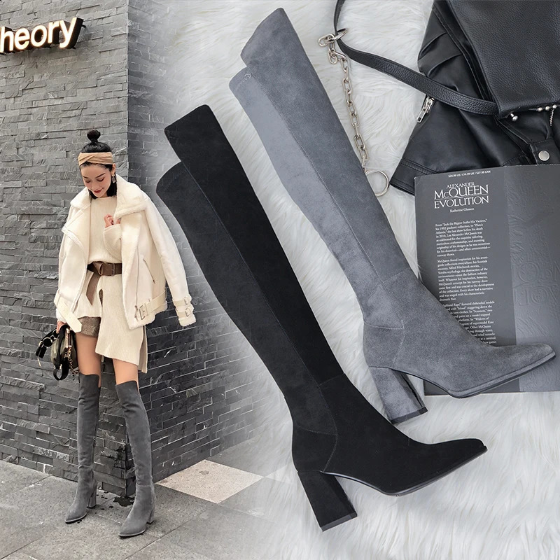 Boots Sexy Over The Knee Boots Woman Suede Leather Thick High Heels Autumn Winter Black Gray Party Shoes 231116