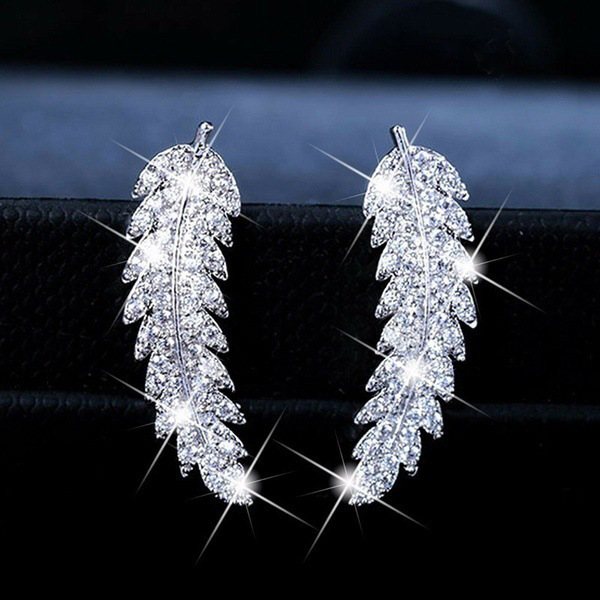 Feather Diamond Stud Earring 925 sterling silver Jewelry Engagement Wedding Earrings for Women Bridal Charm Promise Gift