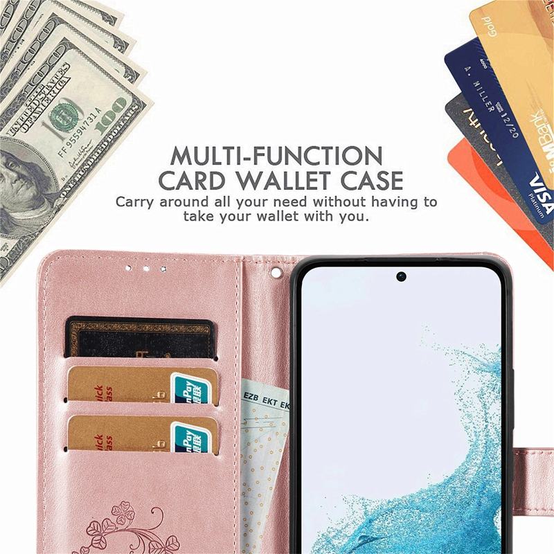 Flower Leather Wallet Cases For Samsung A54 5G A04E A34 A14 4G A24 M14 Xiaomi 13 Pro Lite Ultra Imprint Lucky Clover Credit ID Card Slot Flip Covers Phone Girls Pouch