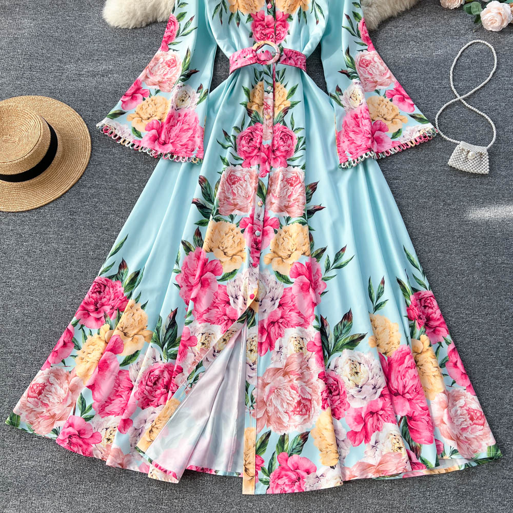 2023 Robes de soirée Runway Designer Mode Vintage Floral Print Maxi Longues Robes de soirée Femmes Col montant Flare Manches Largo Vest298a