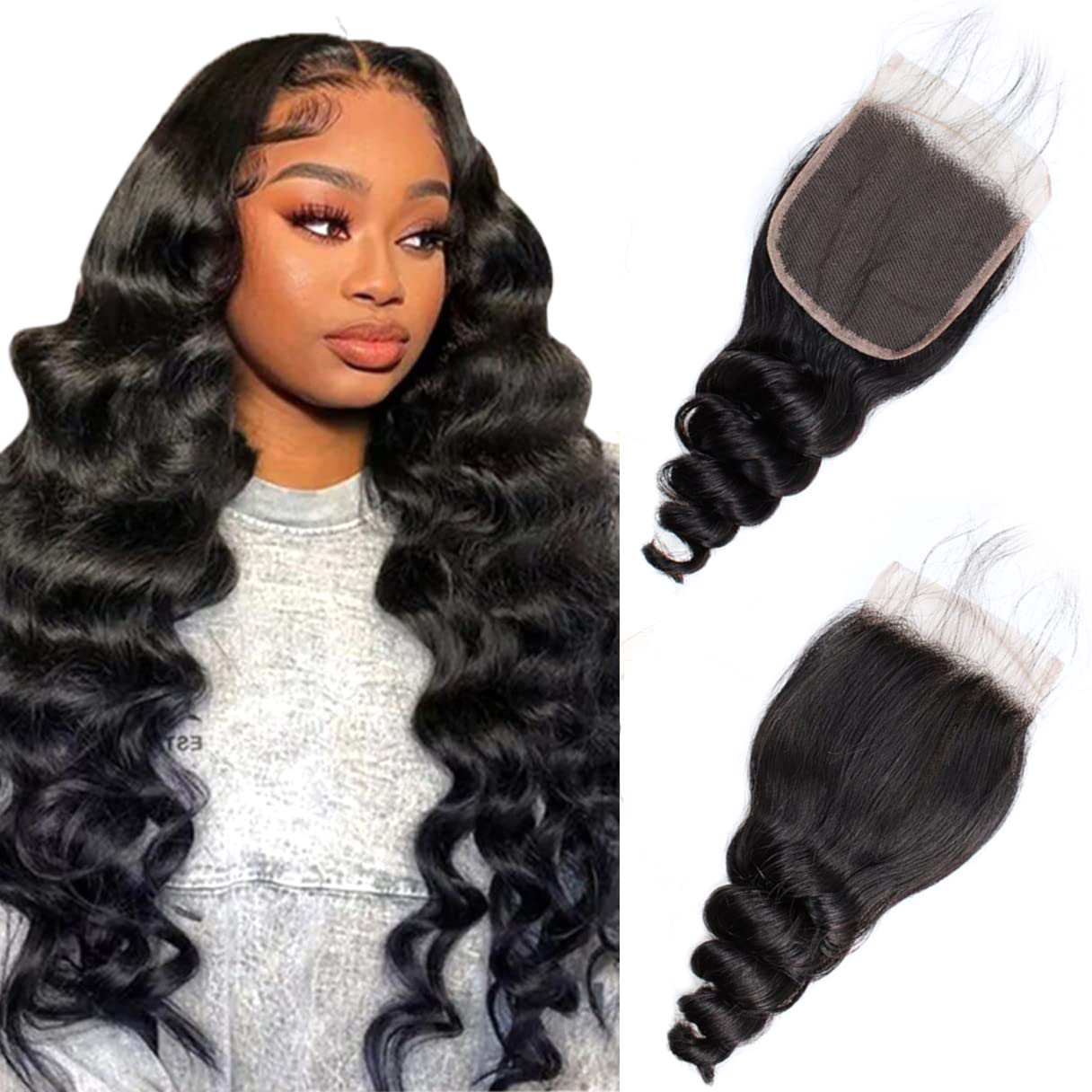 Bella Hair Loose Wave 4x4 Lace Closure 100% Unprocessed Human Virgin Hair Pre Plucked Loose Deep Wave Pre-Plucked Hairline Frontal Closure Natural Black With Baby Hair