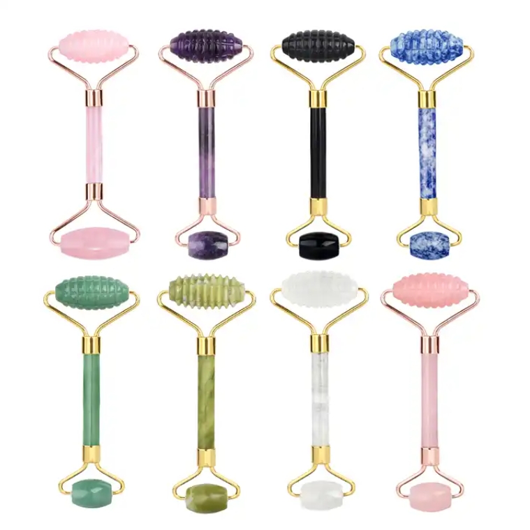 Ridged Jade Stone Facial Roller Anti Aging Beauty Tools Natural Crystal Rose Quartz Stone Face and Body Massager för din hudvårdsrutin