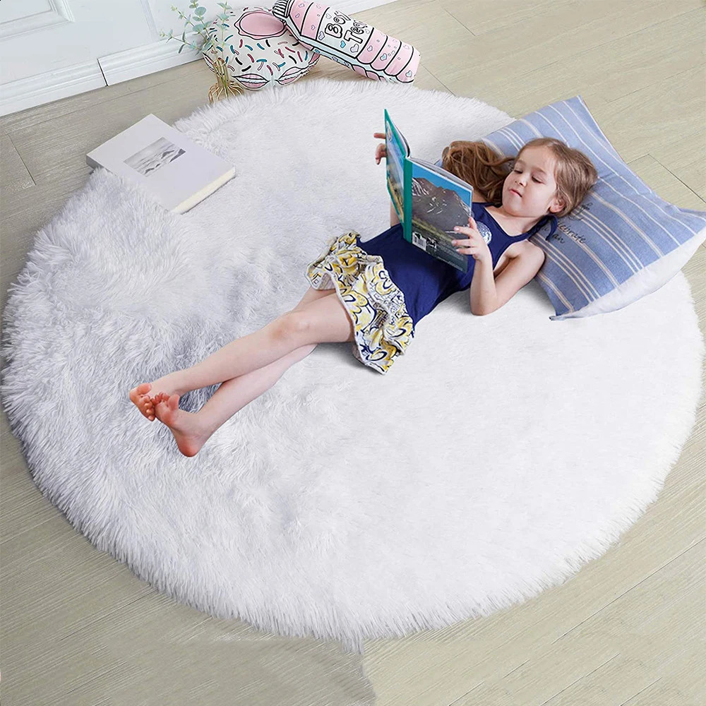 Tappeto Peluche Tappeto rotondo Bianco Tappeti bambini soggiorno Decorazioni la casa Morbido Camera da letto bambini Tappetino da gioco Baby Room Fluffy Cute Rug 231116