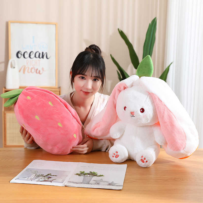 Stuffed Plush Animals 35cm Creative Funny Doll Carrot Rabbit Plush Toy Stuffed Soft Bunny Hiding in Strawberry Bag Toys for Kids Girls Birthday Gift