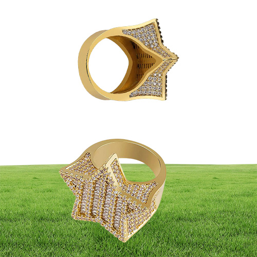 Heren Iced Out 3D Gold Super Star-ringen Micro Pave Zirkonia 14K vergulde gesimuleerde diamanten Hiphop-ring met geschenkdoos8589637