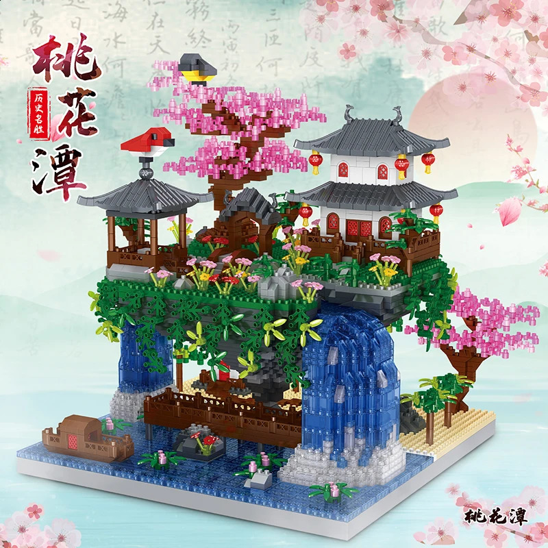 Blocchi Mattoni diamantati Sakura Tree House Building Blocks Architettura del giardino cinese Cascata Fai da te Assemblare giocattoli Regalo adulti 231116