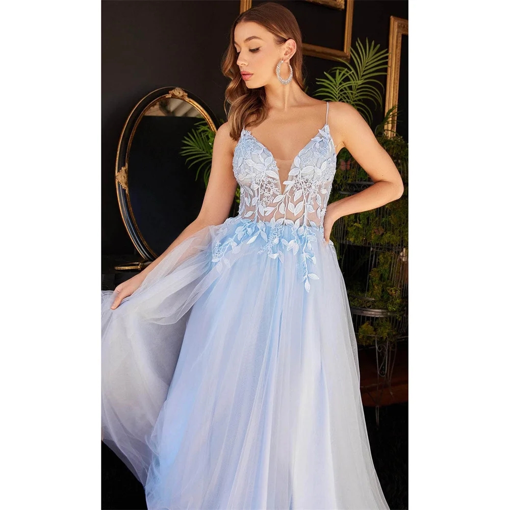 Sky Blue Chic Woman prom Evening Dress Gown Spaghetti Strap Ball Gown Appliques Lace A Line Night Dresses Gown robes de soiree