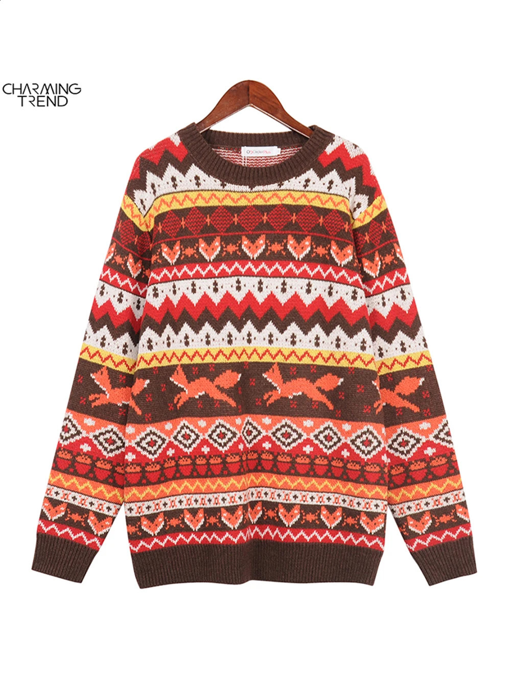 Damessweaters Charmingtrend Vintage truien Winter dikker gebreide kleding Pullovers Dames oversized nationale jacquard trui Gestreepte toptruien 231116