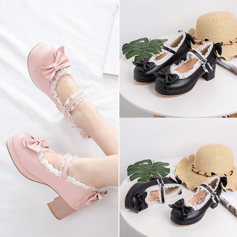 Chaussures habillées Filles Sweet Lolita Volants Bowknot Dentelle Chaussures De Mariage De Mariée Femmes Talon Haut Bordé Robe De Princesse Hommes Rose Plus Taille 34-48 231116