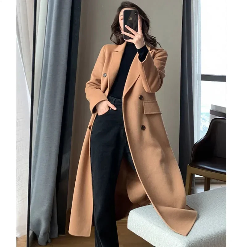 Женский шерстяной модный зимний плащ для женщин Элегантный корейский повседневный двубортный длинный пиджак Черный офисный женский свободный пиджак 231116