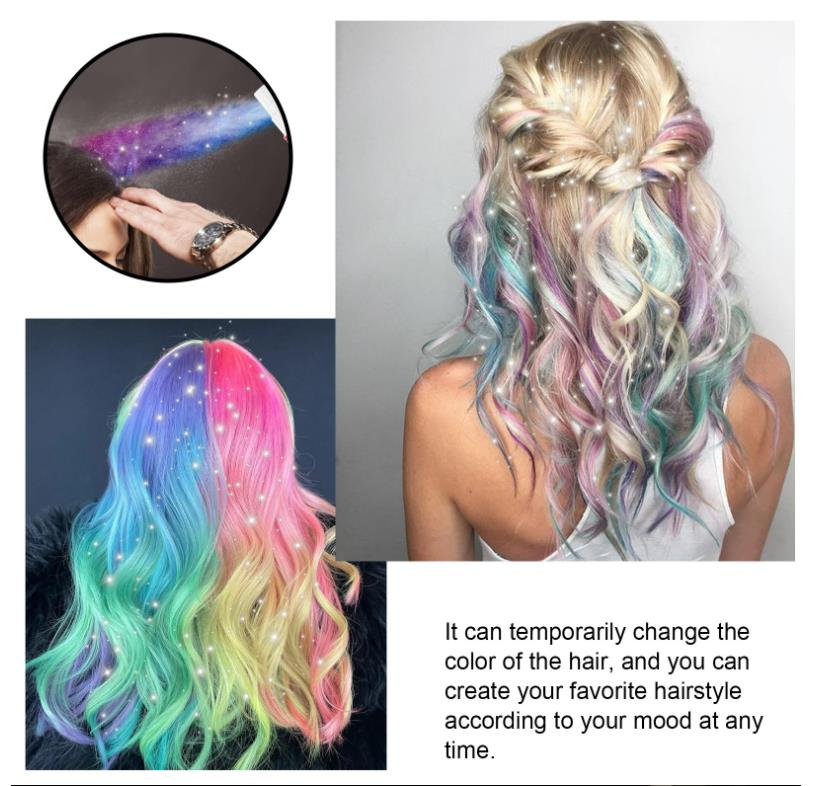 Spray de couleur de cheveux avec des paillettes de cheveux - Teinture de couleur de cheveux temporaire pour le cosplay de fête bricolage lavable, les reflets brillent instantanément colorés