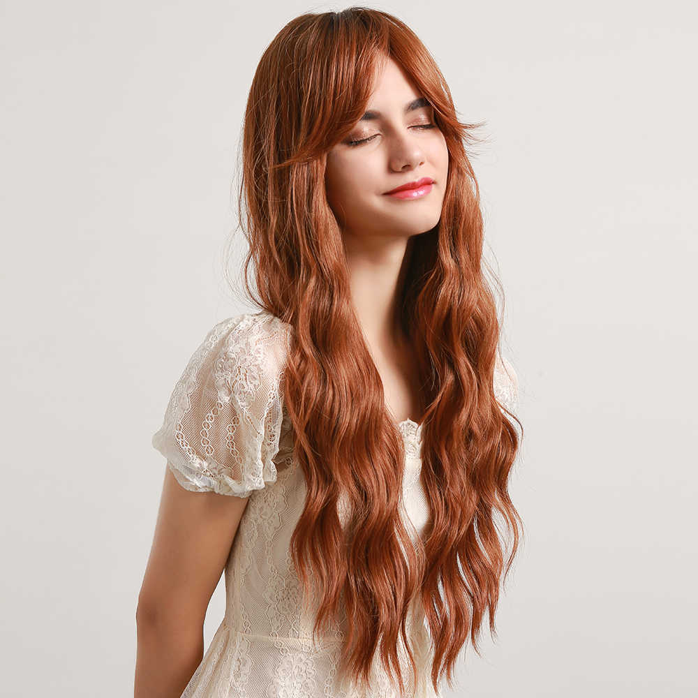 Synthetic Wigs Easihair Long Wavy Black to Orange Ombre Synthetic Wigs Amber Natural with Bangs Wedding Princess Hairstyles Heat Resistant 230227
