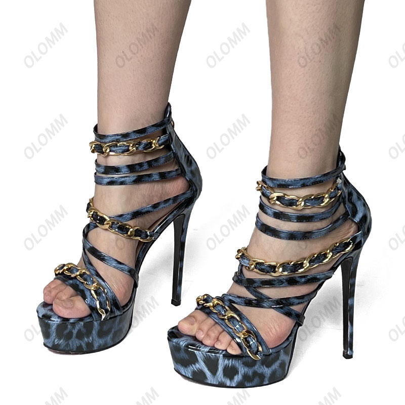 Olomm Stylish Women Platform Sandals Leopard Patent Stileetto Hote Round Toe Pretty Blue Red Night Club Shoes Size 35 47 52